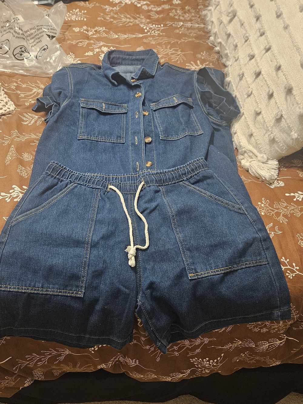 Denim Short Sleeve Romper with Drawstring Waist - Blue